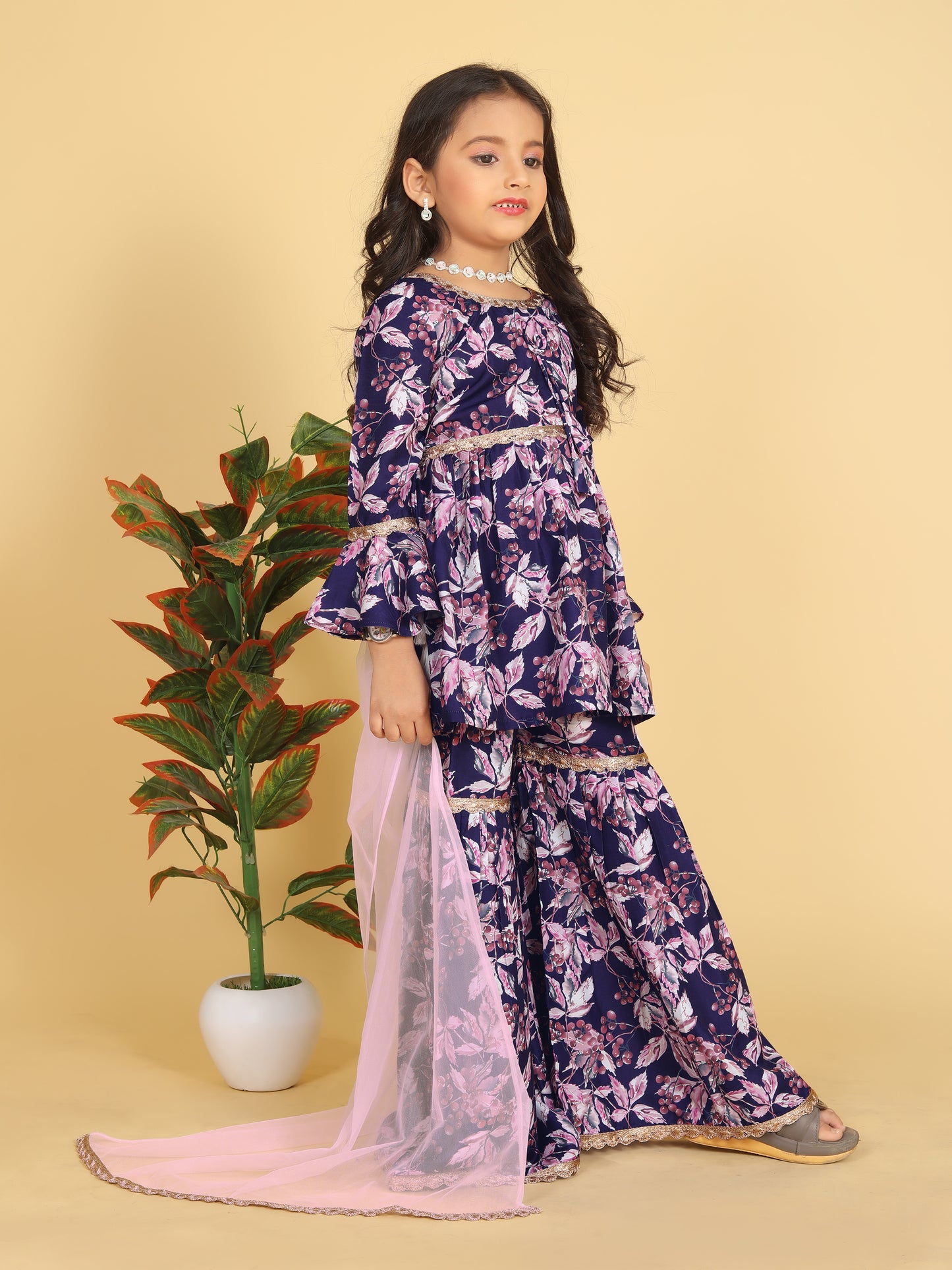 Girls - Navy Blue and Pink Floral Print Sharara Suit