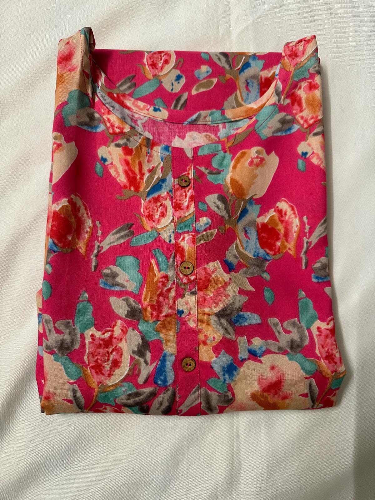 Pink Rayon Floral Printed Straight Kurti