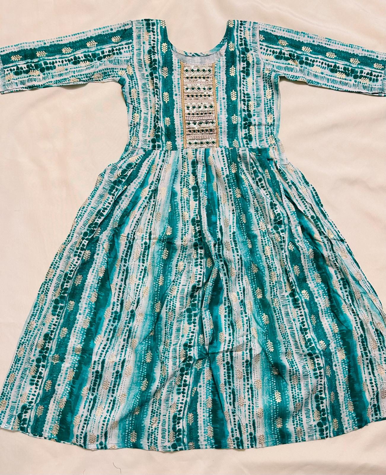 Girls - Turquoise and White Rayon Anarkali Kurti