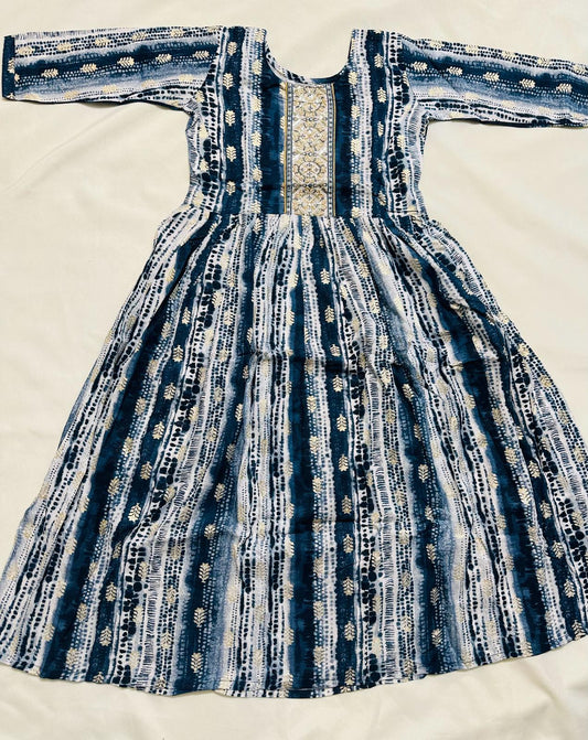 Girls - Blue and White Rayon Anarkali Kurti