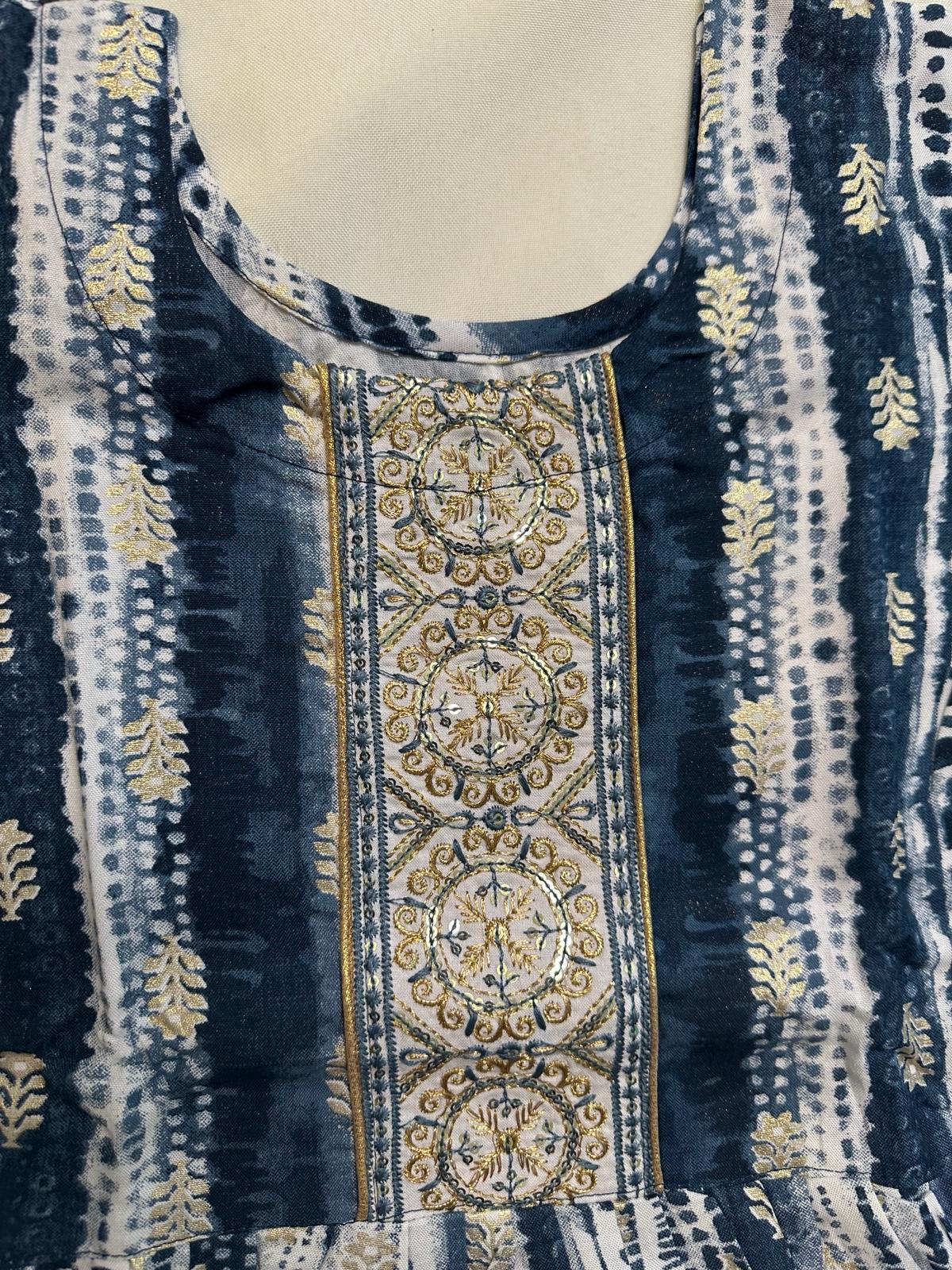 Girls - Blue and White Rayon Anarkali Kurti