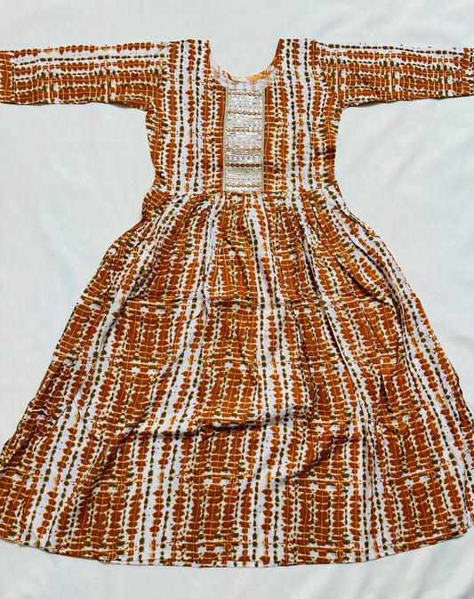 Girls - Orange and White Rayon Anarkali Kurti