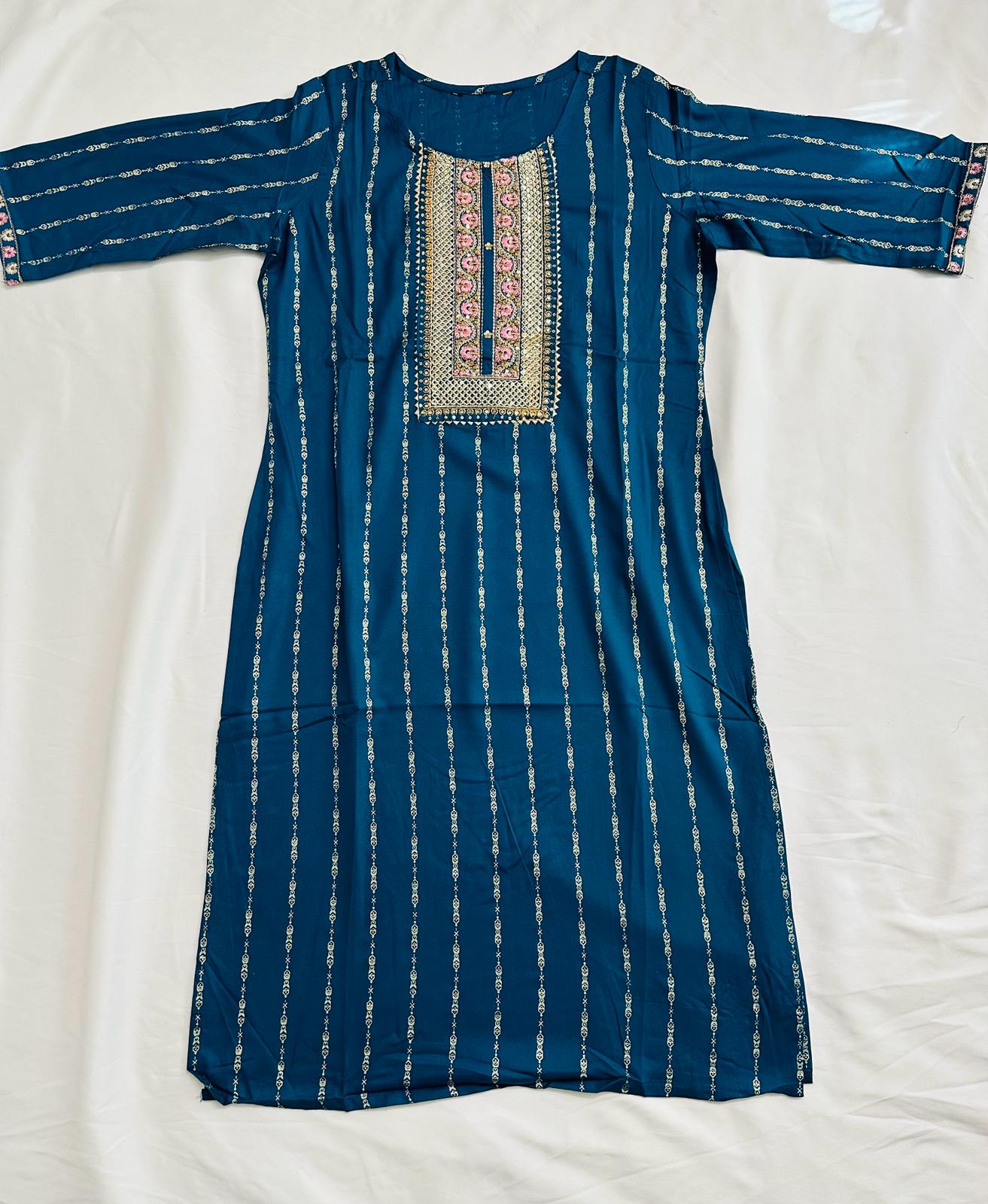 Teal Blue Rayon Golden Foil Printed Straight Kurti
