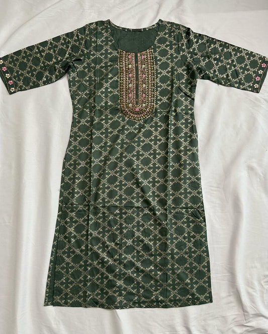 Sage Grey Green Rayon Golden Foil Printed Straight Kurti