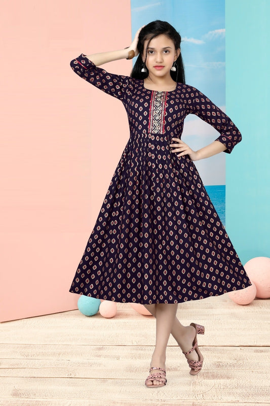 Girls - Navy Blue Foil Printed Anarkali Kurti