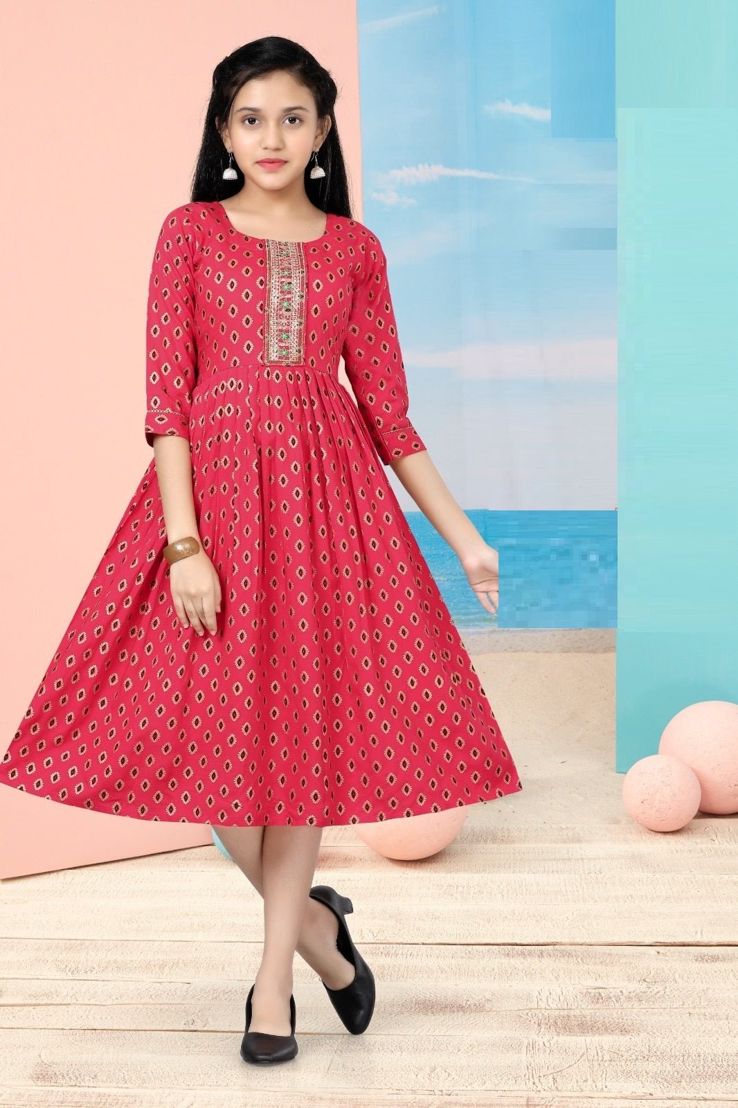 Girls - Coral Red Foil Printed Anarkali Kurti