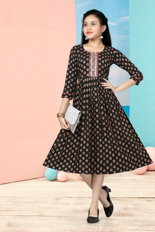 Girls - Black Foil Printed Anarkali Kurti