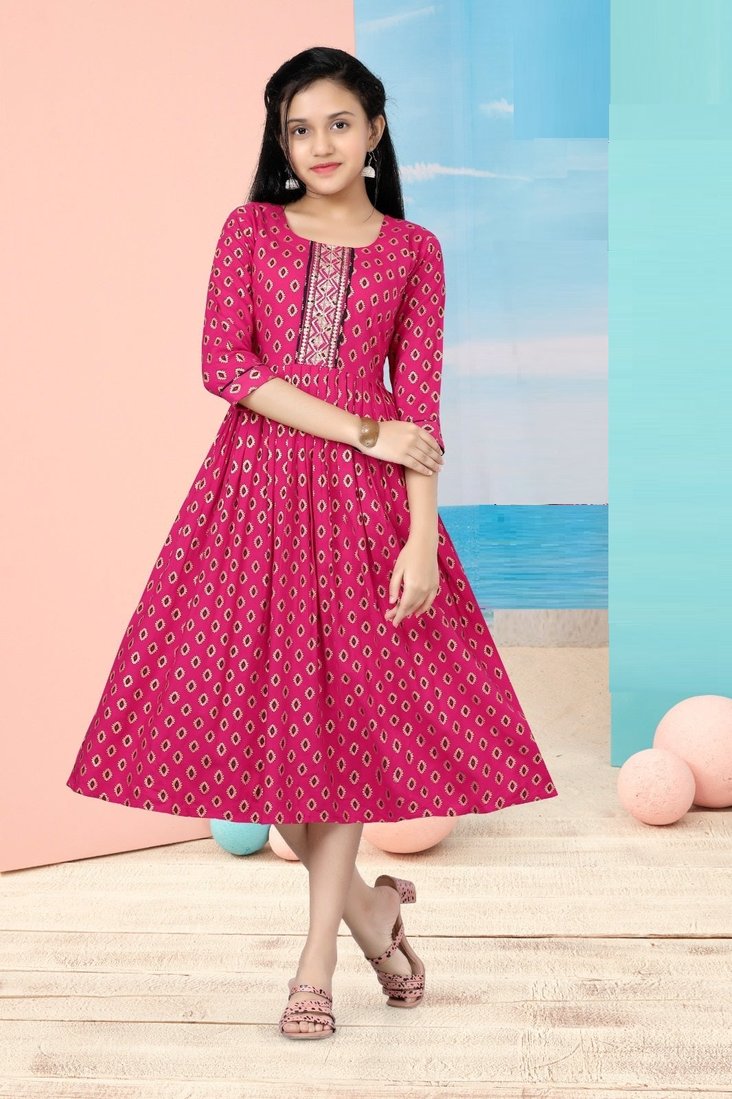 Girls - Pink Foil Printed Anarkali Kurti