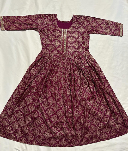 Big Girls/Petite - Dark Red Wine Rayon Foil Print Anarkali Kurti