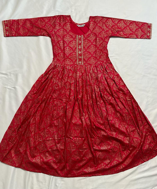 Big Girls/Petite - Pink Rayon Foil Print Anarkali Kurti