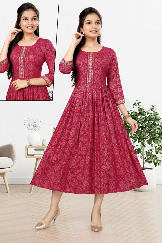 Big Girls/Petite - Pink Rayon Foil Print Anarkali Kurti