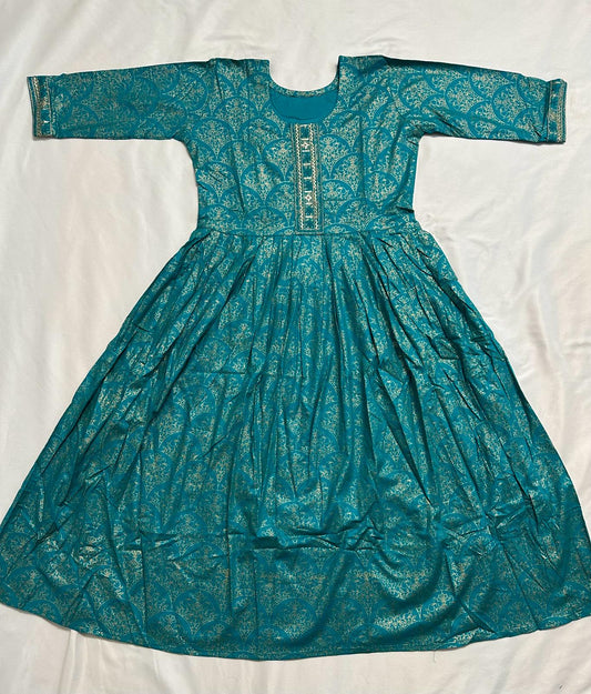 Big Girls/Petite - Turquoise Rayon Foil Print Anarkali Kurti
