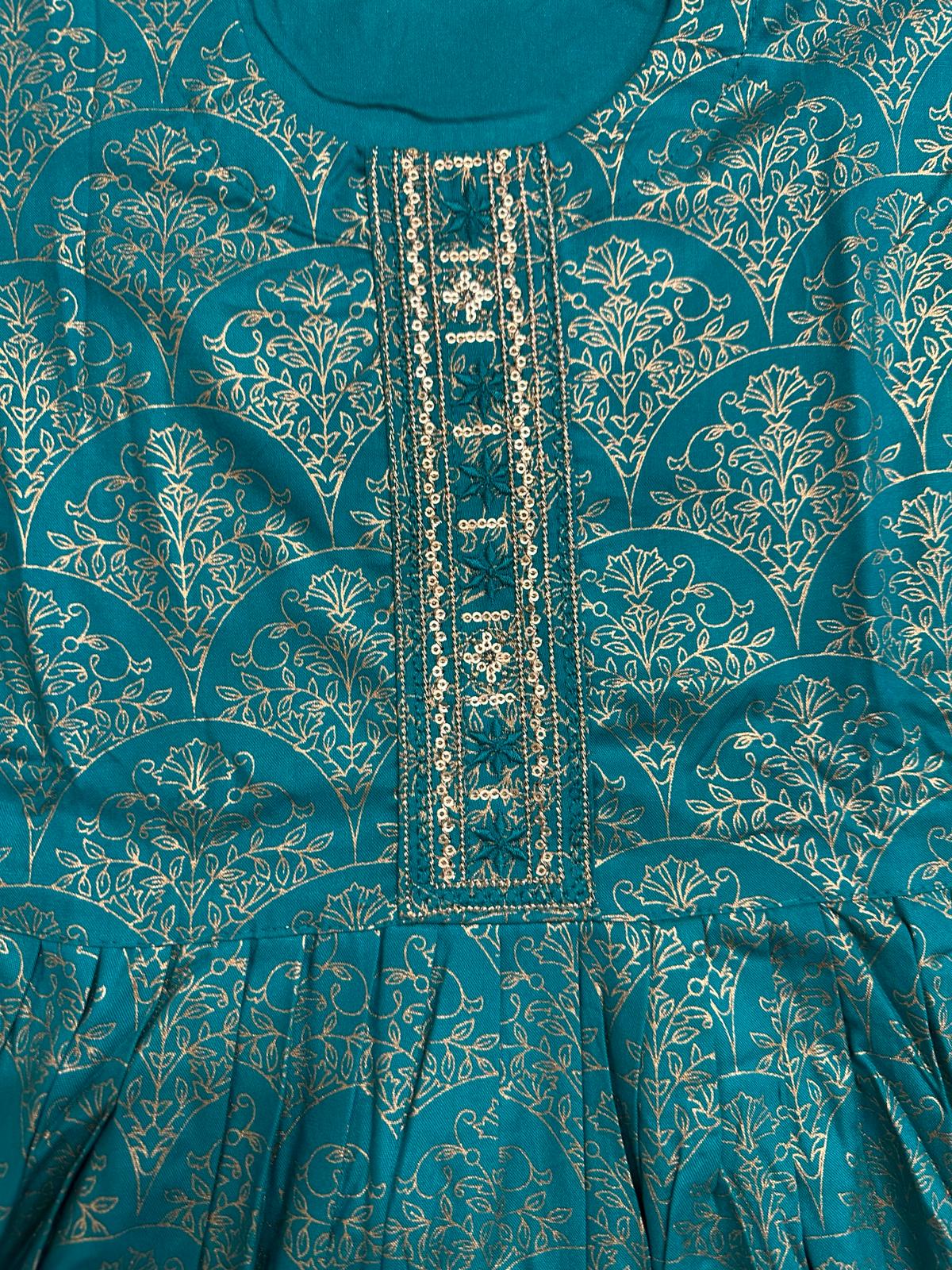 Big Girls/Petite - Turquoise Rayon Foil Print Anarkali Kurti