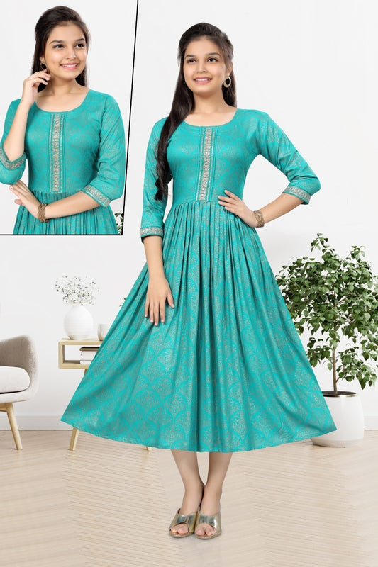 Big Girls/Petite - Turquoise Rayon Foil Print Anarkali Kurti