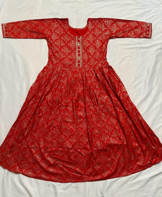 Big Girls/Petite - Red Rayon Foil Print Anarkali Kurti
