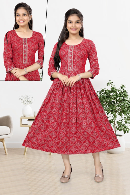 Big Girls/Petite - Red Rayon Foil Print Anarkali Kurti