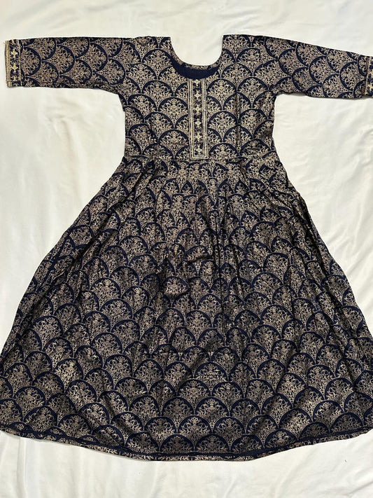 Big Girls/Petite - Midnight Blue Rayon Foil Print Anarkali Kurti