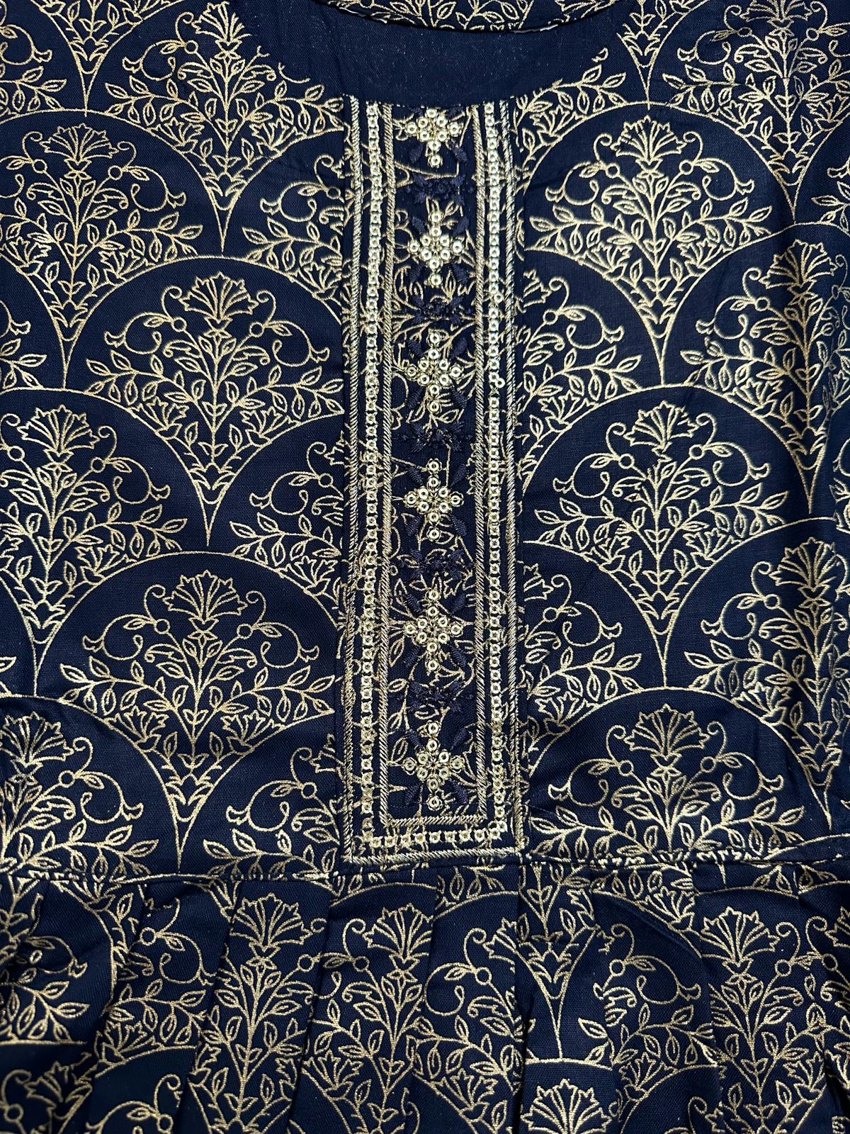 Big Girls/Petite - Midnight Blue Rayon Foil Print Anarkali Kurti