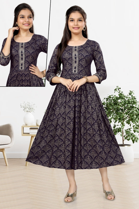Big Girls/Petite - Midnight Blue Rayon Foil Print Anarkali Kurti