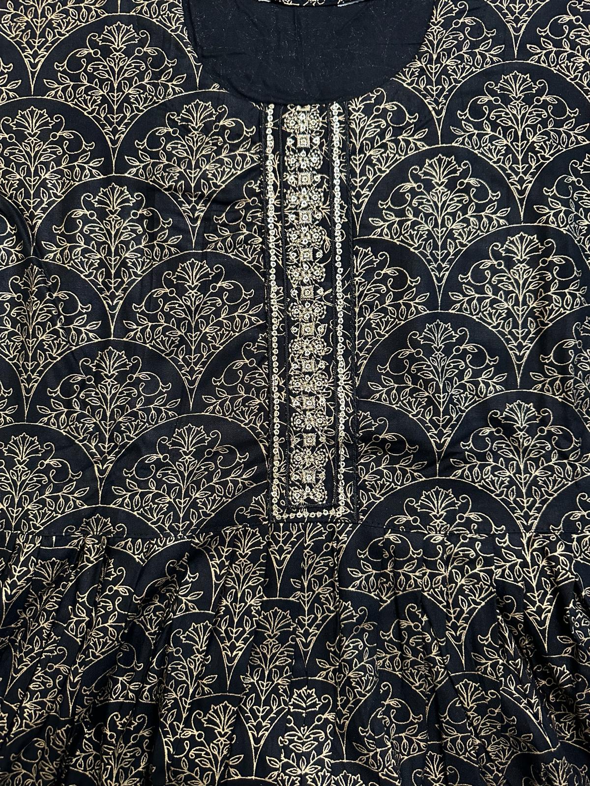 Big Girls/Petite - Black Rayon Foil Print Anarkali Kurti