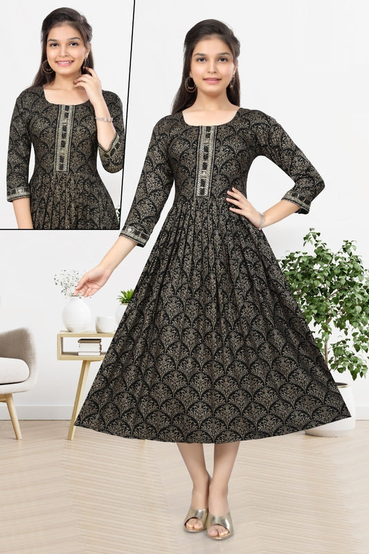 Big Girls/Petite - Black Rayon Foil Print Anarkali Kurti