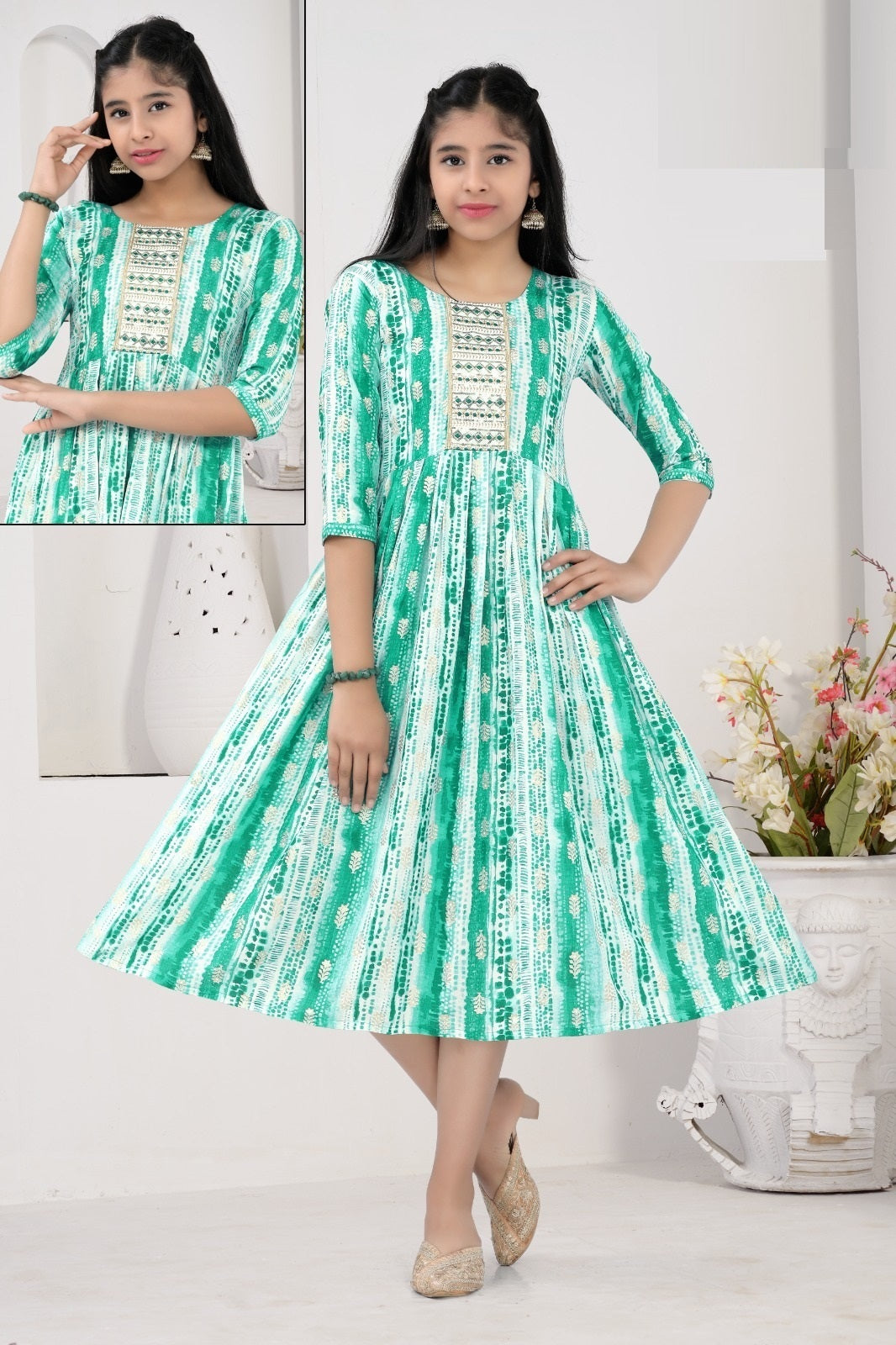 Girls - Turquoise and White Rayon Anarkali Kurti