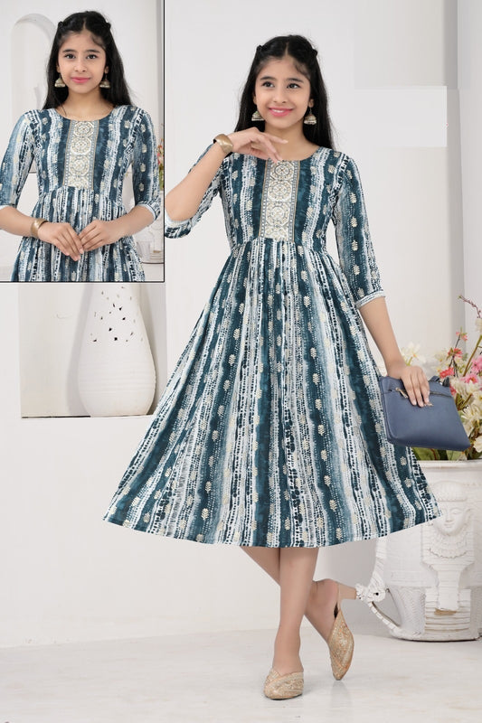 Girls - Blue and White Rayon Anarkali Kurti