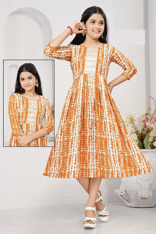 Girls - Orange and White Rayon Anarkali Kurti