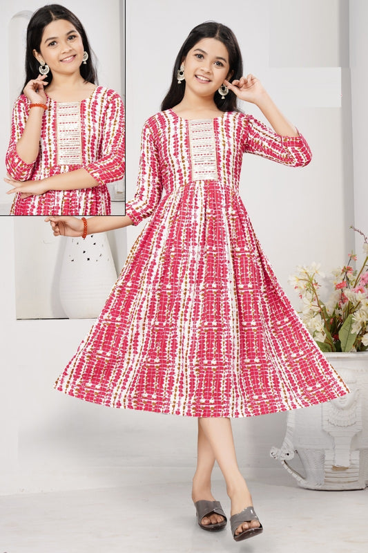Girls - Pink and White Rayon Anarkali Kurti