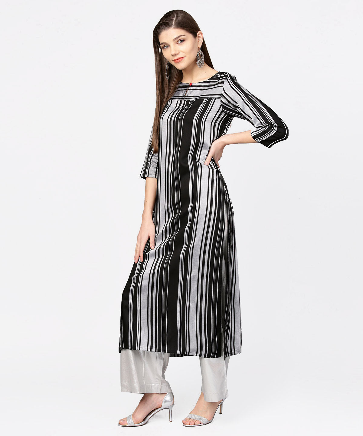 Plus Black Grey Striped Straight Kurti