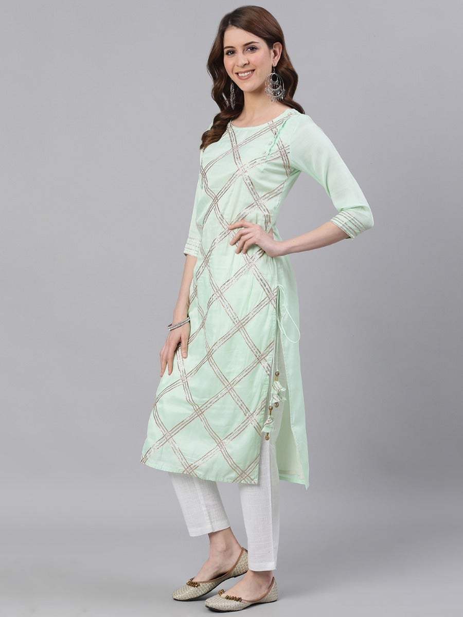 Plus - Green Satin Straight Kurti