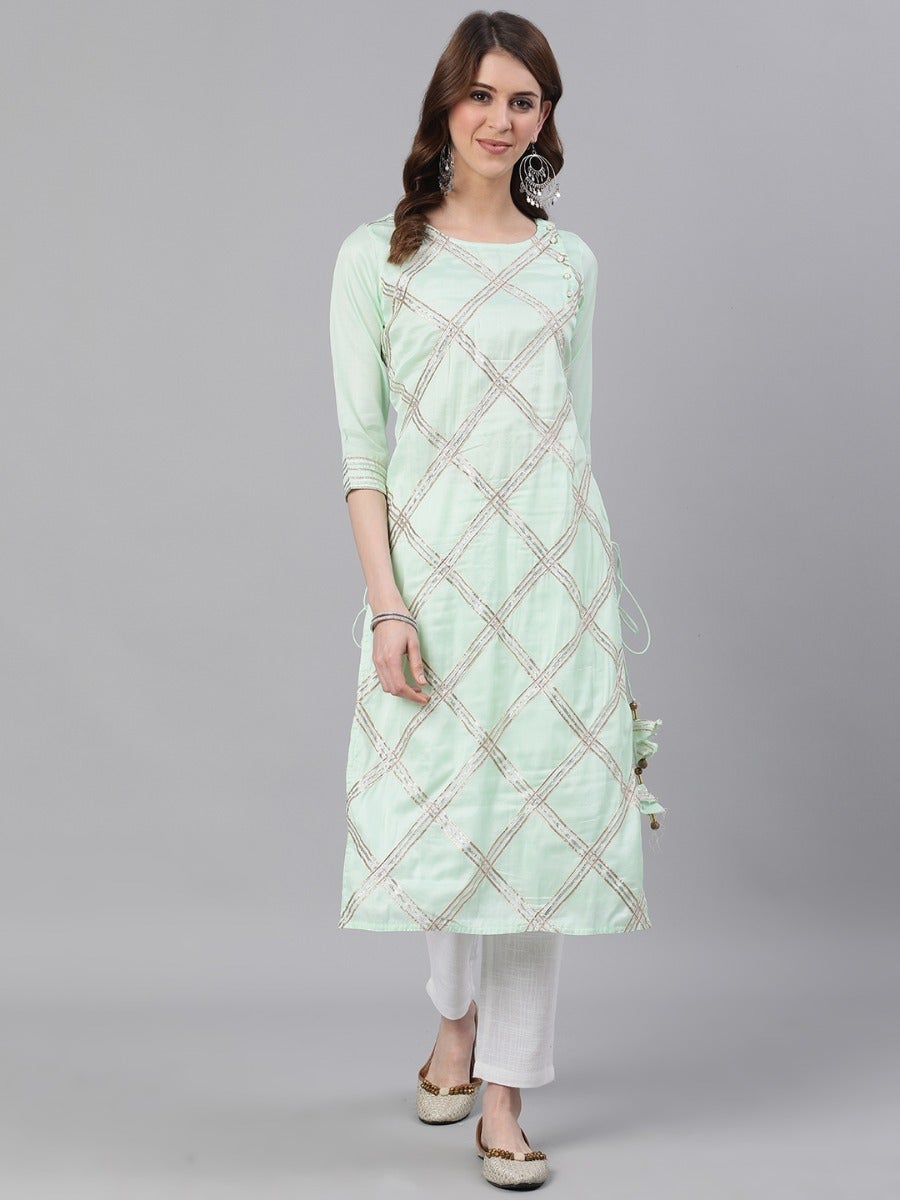 Plus - Green Satin Straight Kurti