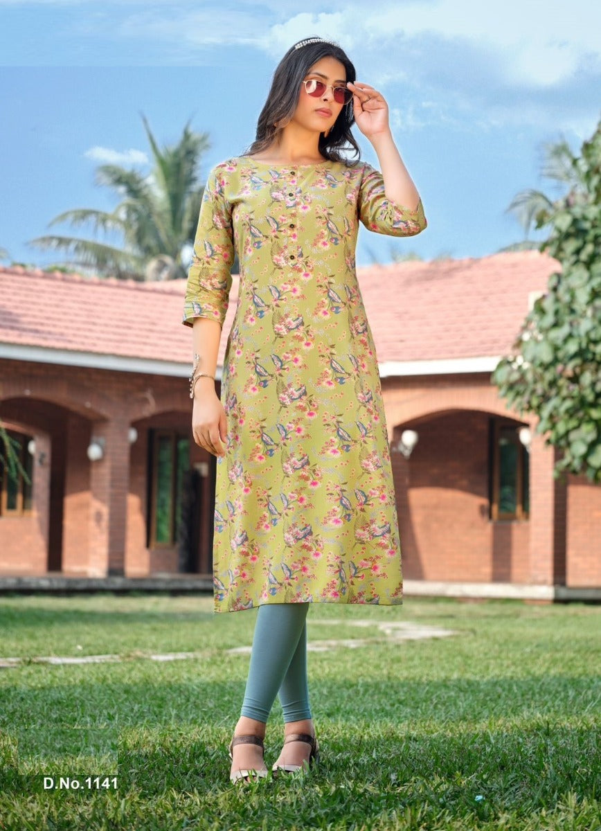 Green Rayon Floral Printed Straight Kurti