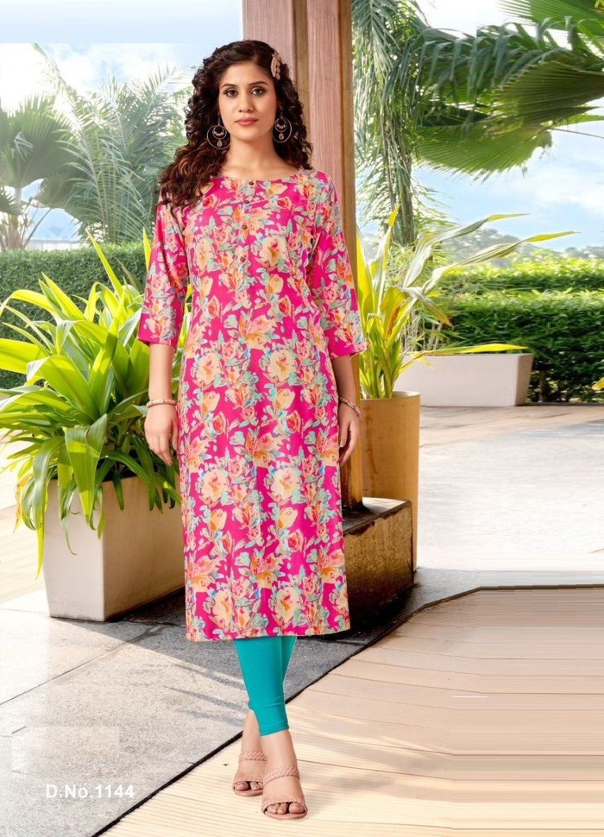 Pink Rayon Floral Printed Straight Kurti