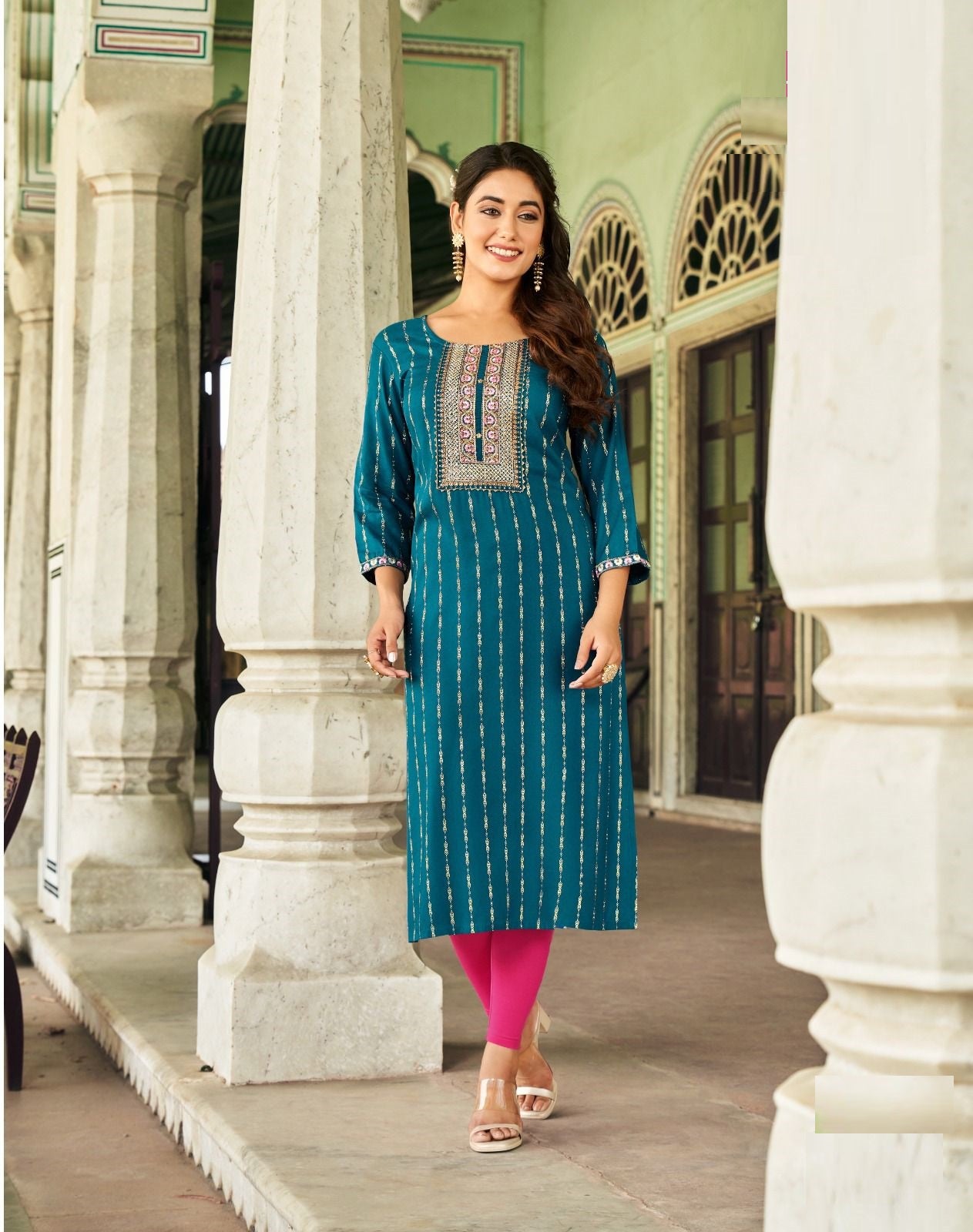 Teal Blue Rayon Golden Foil Printed Straight Kurti