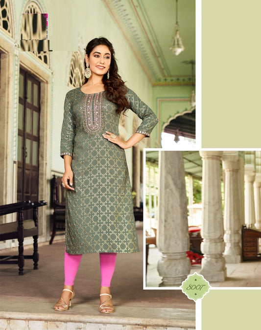 Sage Grey Green Rayon Golden Foil Printed Straight Kurti