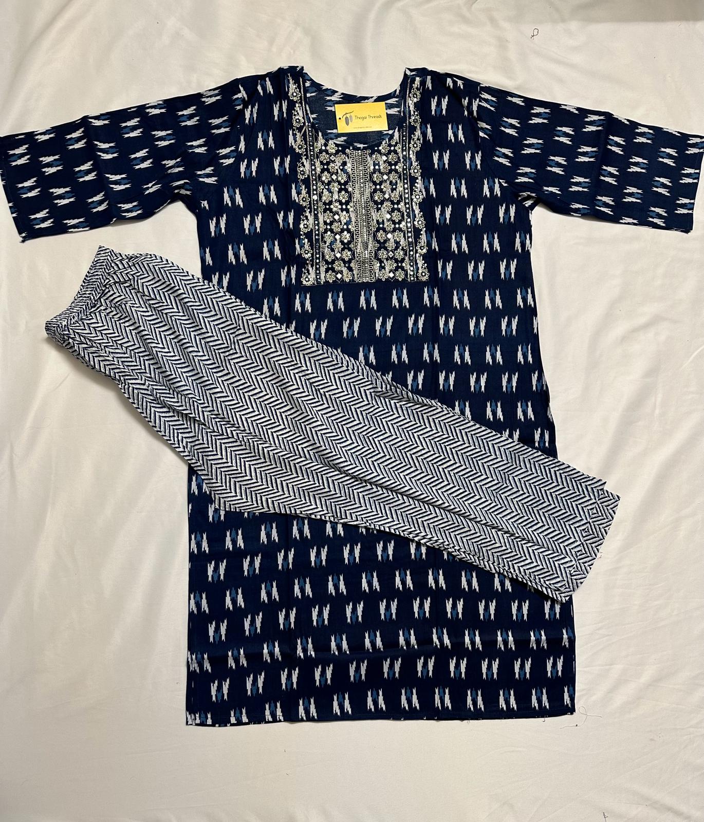 Plus - Navy Blue Rayon Printed Straight Kurti With Pant