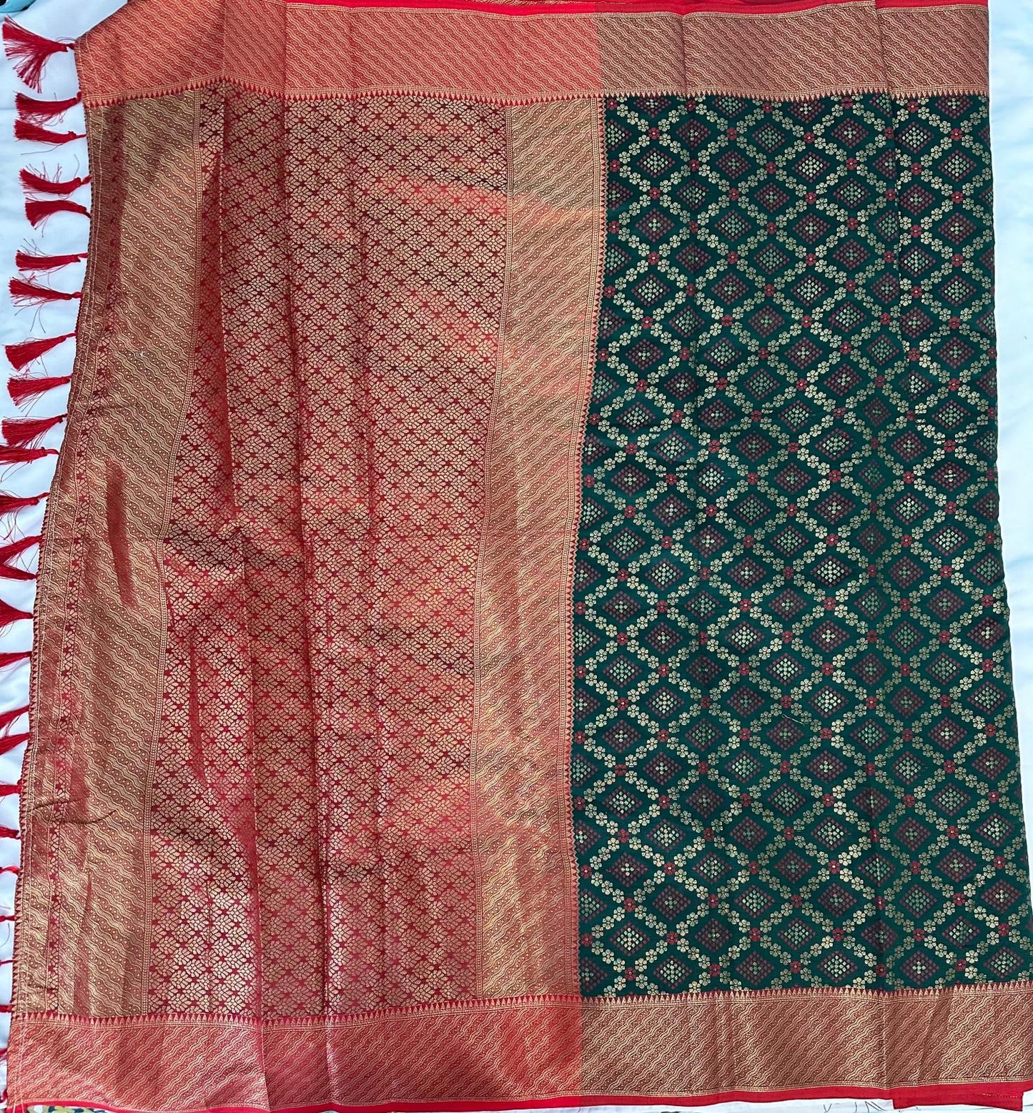 Dark Green and Red Patola Silk Saree