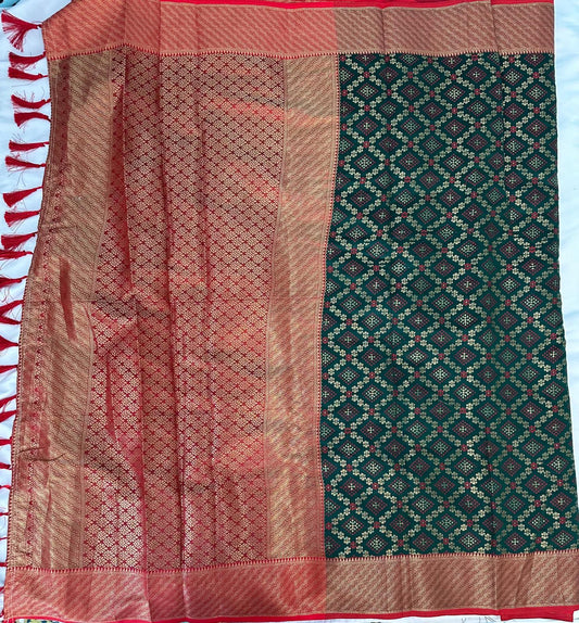 Dark Green and Red Patola Silk Saree
