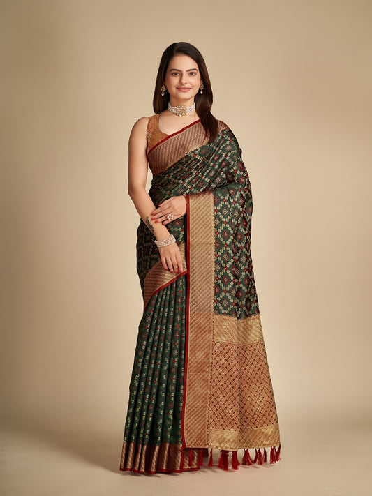 Dark Green and Red Patola Silk Saree
