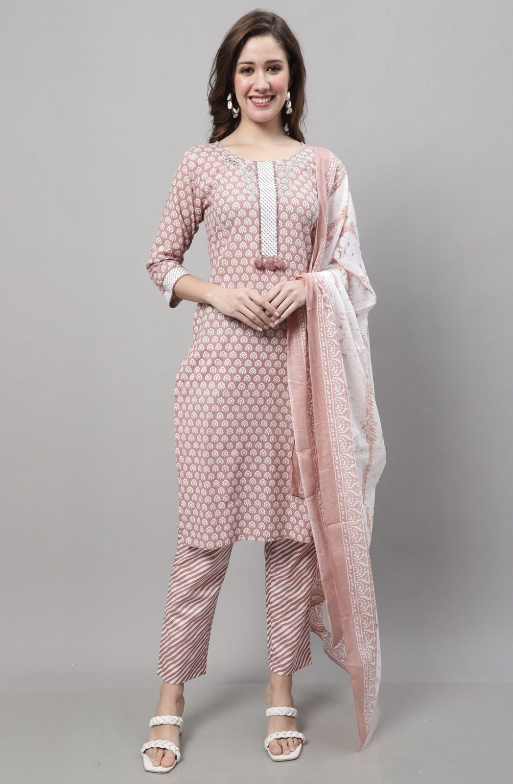 Light Brick Red Printed Soft Cotton Kurta with Bottom and Dupatta