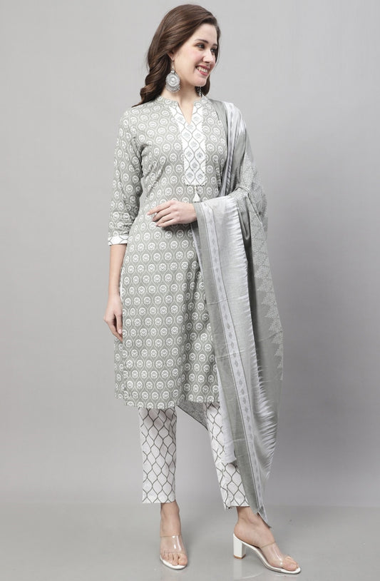 Light Sea Foam Green Printed Soft Cotton Kurta with Bottom and Dupatta