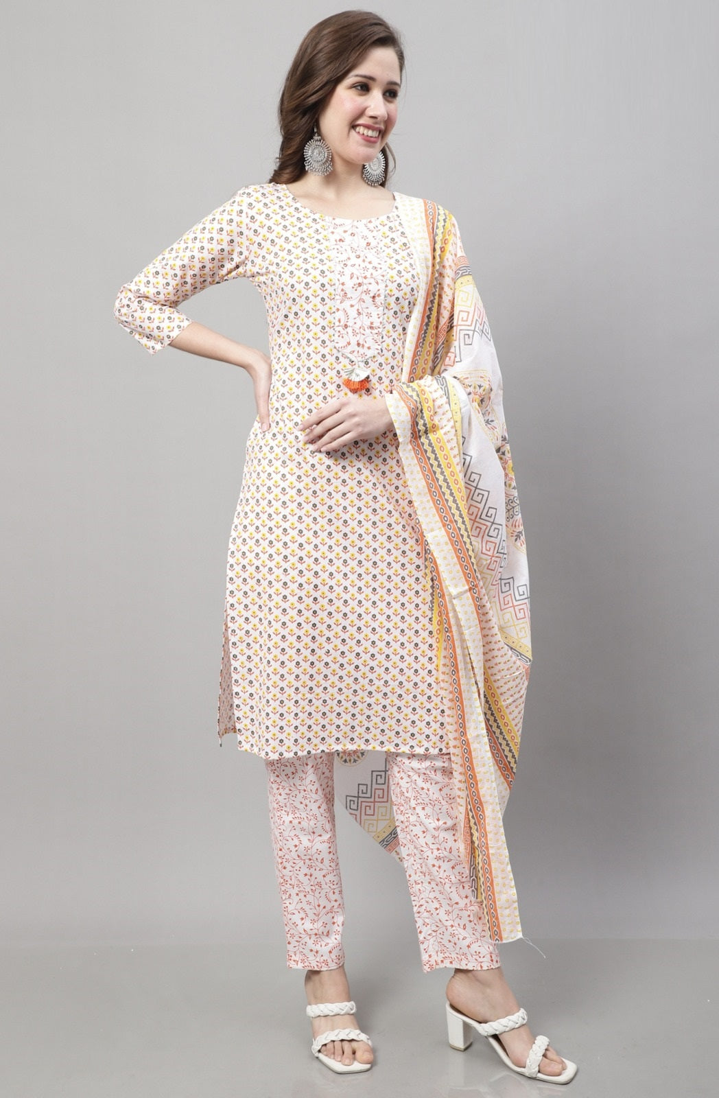 Yellow Printed Soft Cotton Kurta with Bottom and Dupatta