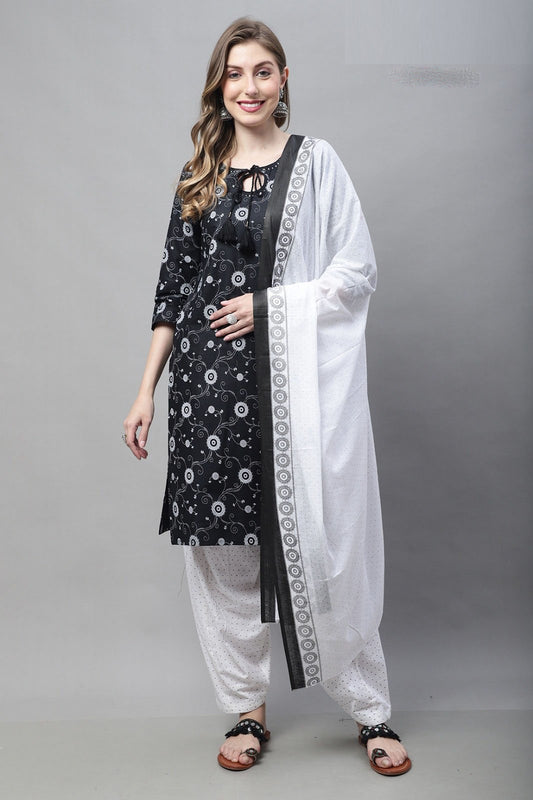 Black and White Cotton Kurta with Patiala Pants and Dupatta