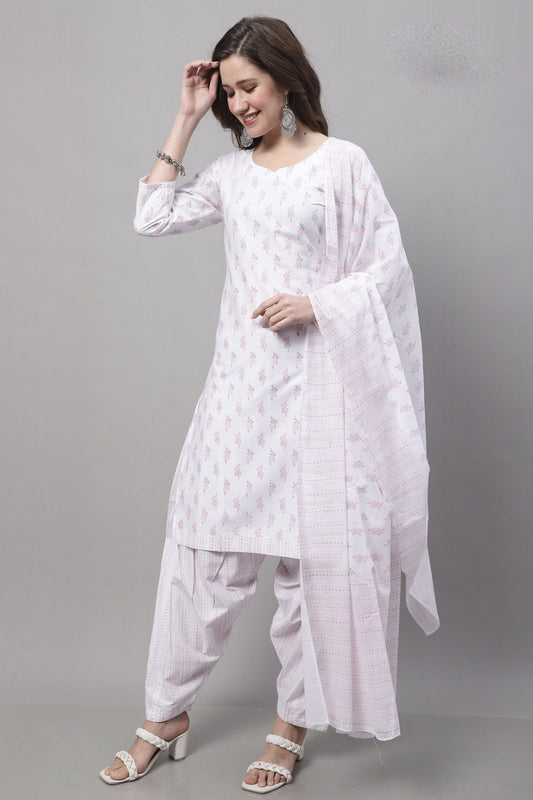 White Cotton Kurta with Patiala Pants and Dupatta