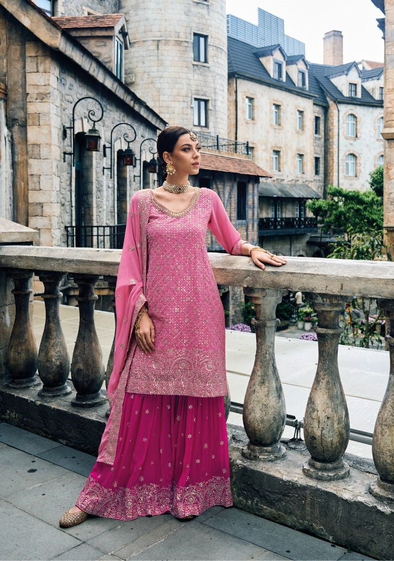 Pink Zahira Kurta, Striped Pants with Kota Doria Dupatta