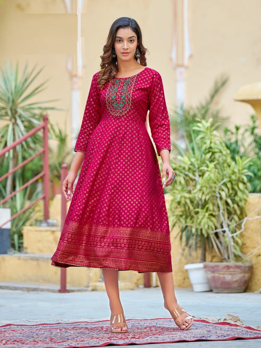 Pink Rayon Foil Print Anarkali Kurti