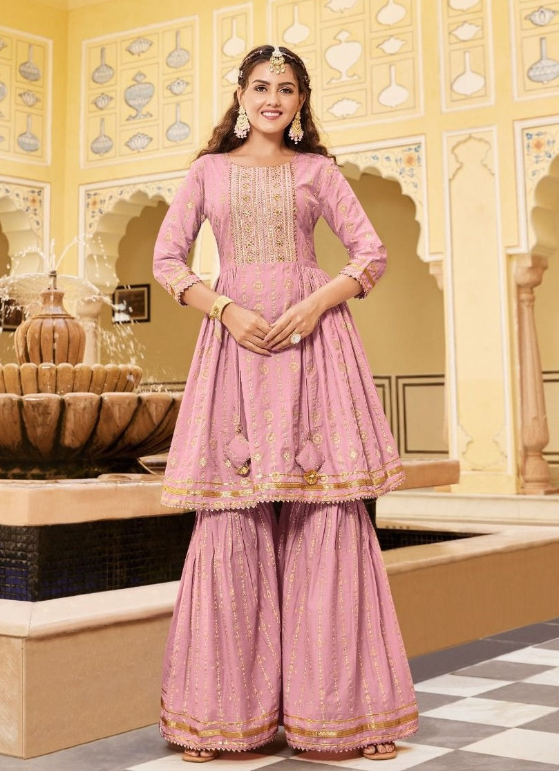 Pink cotton Foil Print Kurti with Sharara