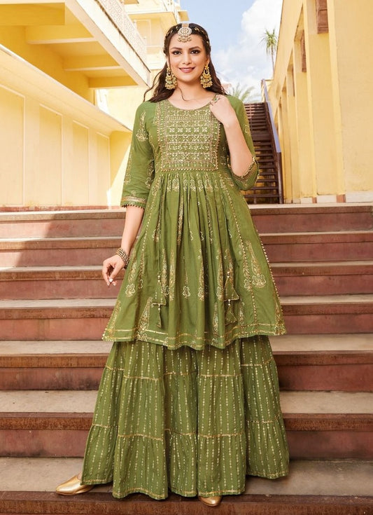 Green Cotton Foil Print Kurti with Gharara