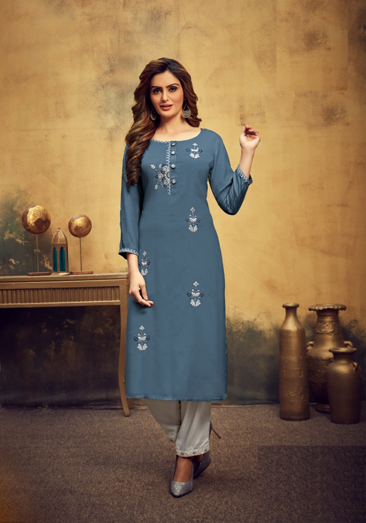 Steel Blue Viscose Kurta with Pant